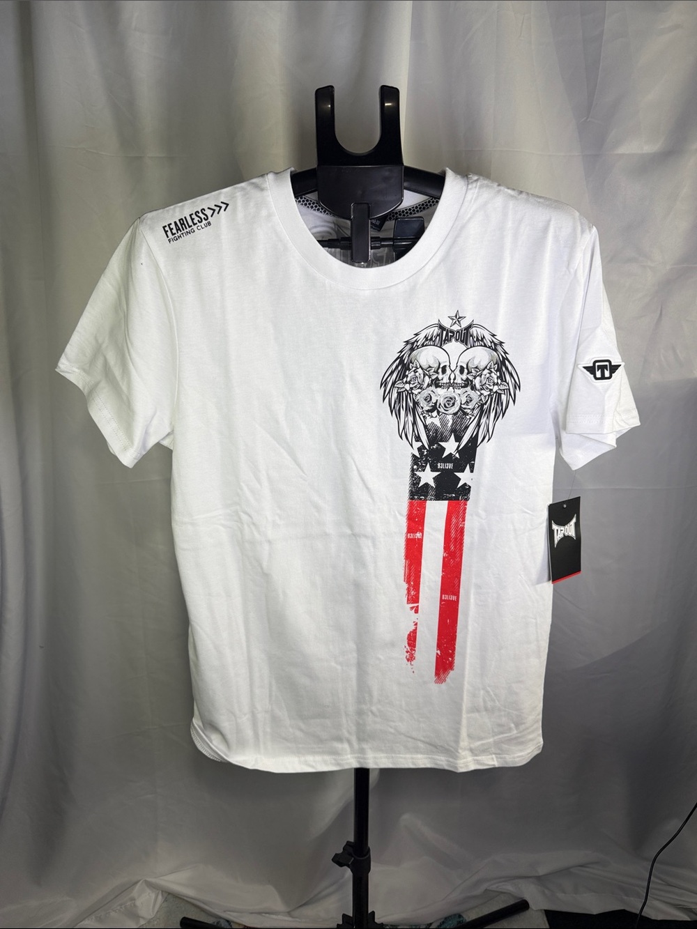 Tapout White Short-Sleeve Tee with Black Skull and Red Flag Stripe Graphic